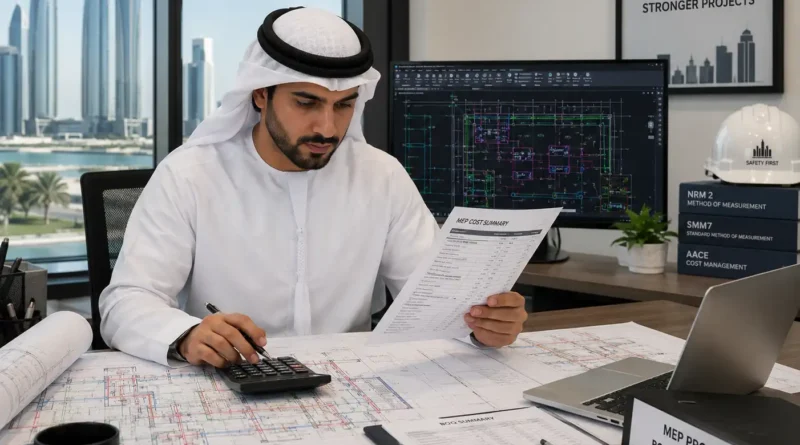 Quantity surveyor reviewing MEP drawings and cost reports in Abu Dhabi office.