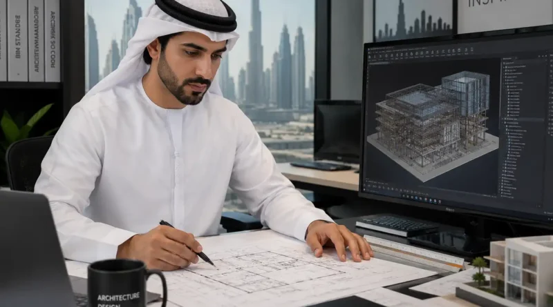 Professional architect reviewing building plans and BIM model in a modern Dubai office.