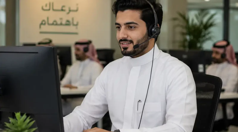 Professional call center employee wearing a headset working in a modern Saudi office