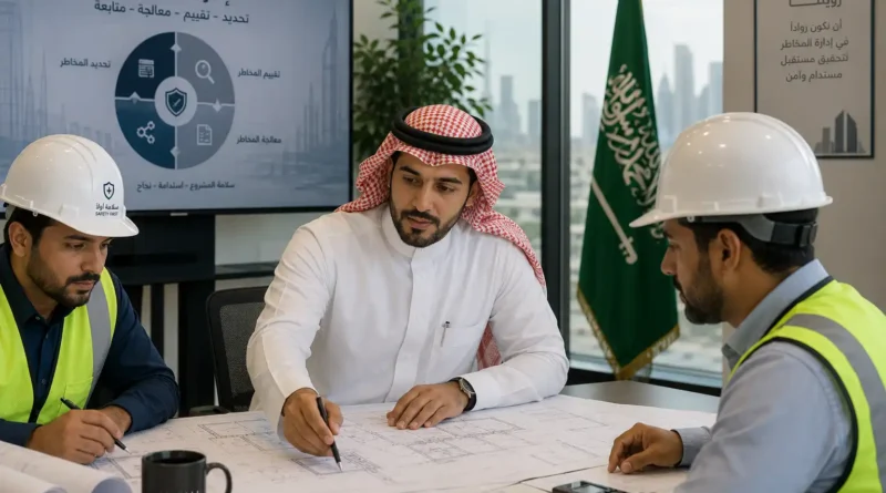 Professional risk manager reviewing construction project plans with engineers in Saudi Arabia.