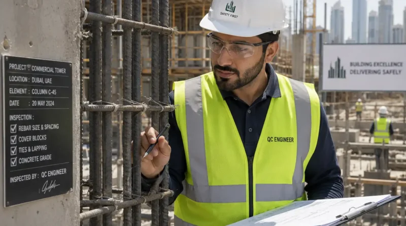 Civil structural QC engineer inspecting steel reinforcement and concrete at UAE construction site.
